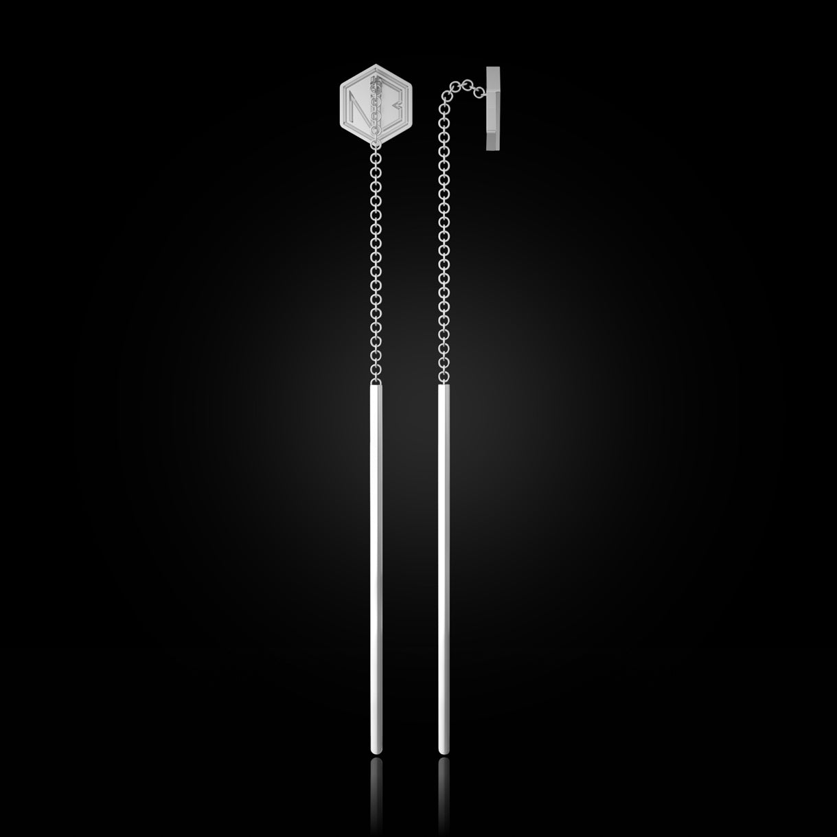 Side angle of SEE YOU Threader Earrings in Surge White Gold. Clean geometry and ethical elegance. Sustainable gold jewelry, ethical jewelry, handcrafted artisan jewelry, fine jewelry, high-end jewelry, and ethical luxury. A striking example of sustainable jewelry brands and modern design.